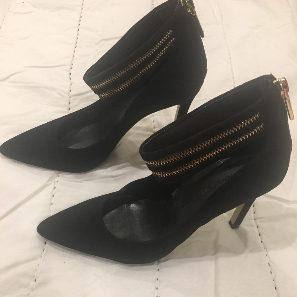 Suede stilettos with gold zipper ankle strap